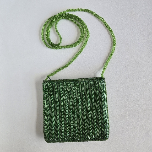 Vtg Green Beaded Mini Evening Bag Purse Crossbody 90s Y2K Party Festival Boho - Picture 1 of 10